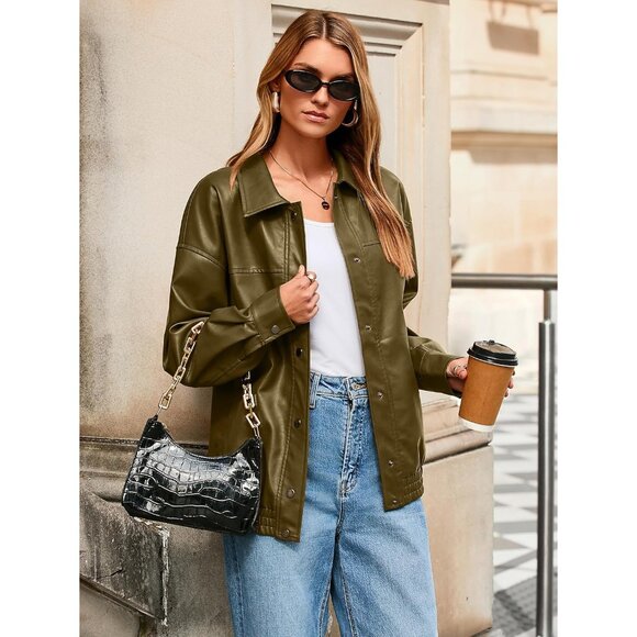 Women's Oversized Faux Leather Green Jacket Button Down Moto Bomber Winter Coat - Picture 6 of 6